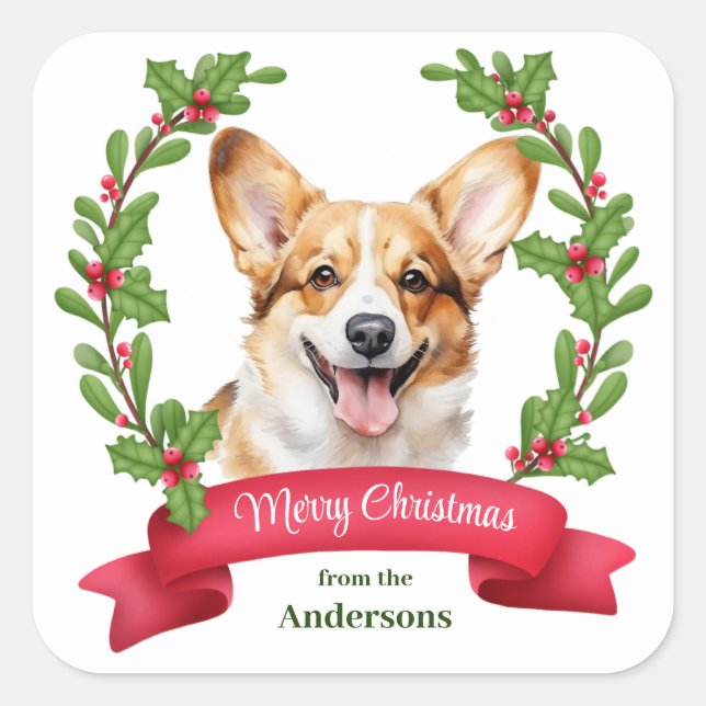 Adesivo Quadrado Red Banner Holly Corgi Dog Christmas (Frente)