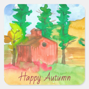 Adesivo Quadrado Red Barn Happy Autumn Watercolor