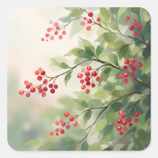 Adesivo Quadrado Red Berries and Green Leaves Branch