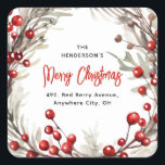 Adesivo Quadrado Red Berry Christmas Wreath Return Endereço<br><div class="desc">Tire a pressão de enviar cartões de natal de Natal este ano com estas etiquetas festivas de morango vermelho de arruela de arruela. Apresentando uma camada aquosa de bagas vermelhas e folhagem botânica. O script de caligrafia e um modelo de etiqueta de endereço de retorno são fáceis de personalizar.</div>