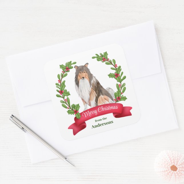 Adesivo Quadrado Red Berry Holly Banner Collie Natal (Envelope)