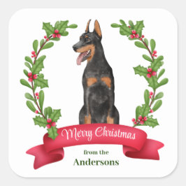 Adesivo Quadrado Red Berry Holly Banner Doberman Pinscher Natal