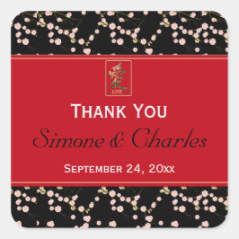 Adesivo Quadrado Red, Black Cherry Blossoms Favor de Casamento Stic