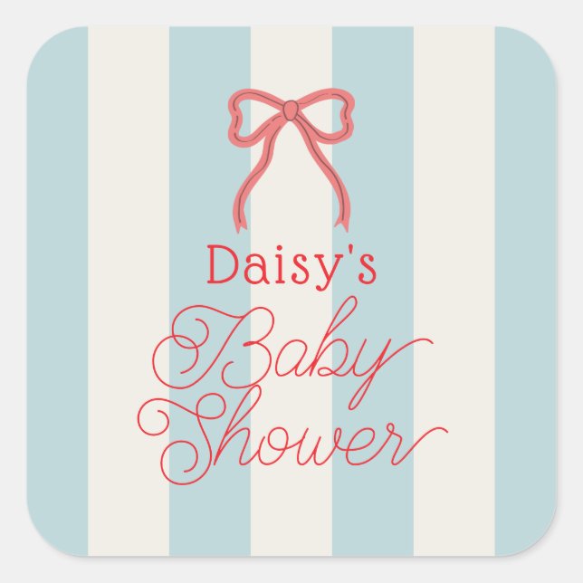 Adesivo Quadrado Red Bow & Blue Stripes Baby Shower (Frente)