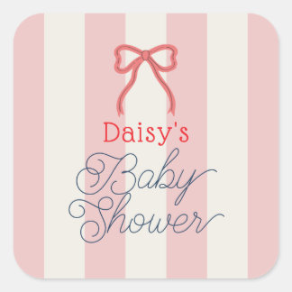 Adesivo Quadrado Red Bow & Pink Stripes Baby Shower