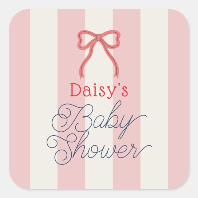 Adesivo Quadrado Red Bow & Pink Stripes Baby Shower (Frente)