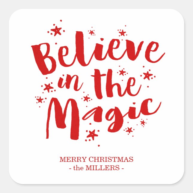 Adesivo Quadrado Red Brush Script Believe In The Magic Christmas (Frente)