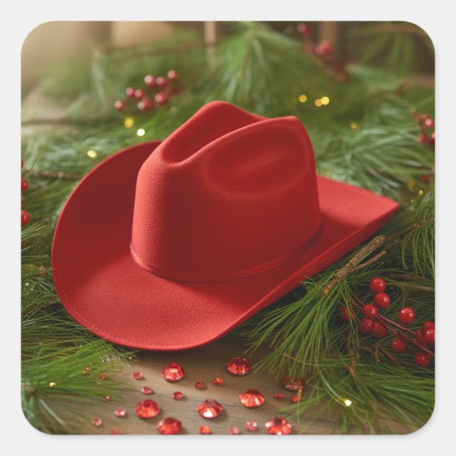 Adesivo Quadrado Red Christmas Cowboy Hat (Frente)