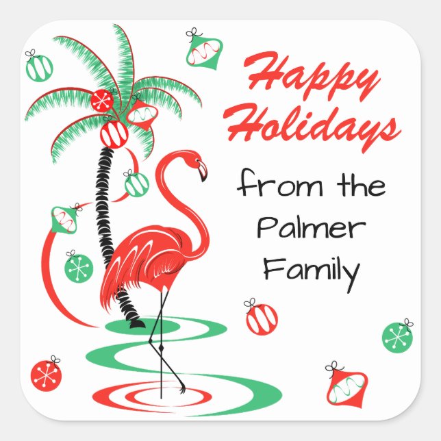 Adesivo Quadrado Red Christmas Flamingo Happy Holidays Text Square (Frente)