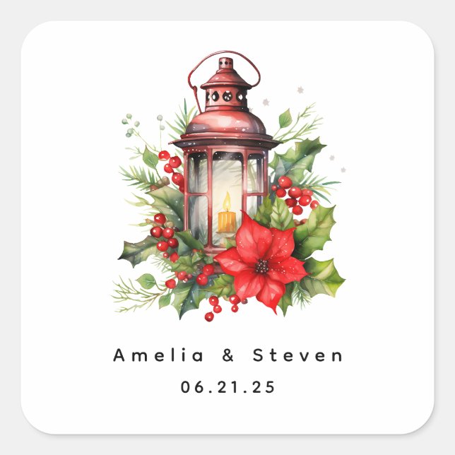 Adesivo Quadrado Red Christmas Lantern Poinsettia - Casamento (Frente)