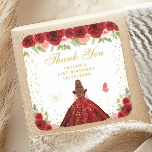 Adesivo Quadrado Red Floral Brown Hair Princess Festa de aniversári