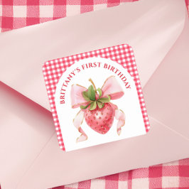 Adesivo Quadrado Red Gingham Berry Primeiro Aniversário