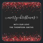 Adesivo Quadrado Red Glitter Merry Christmas Script Names Black<br><div class="desc">Red Glitter Feliz Nomes de Script de Natal Pretos. Personalize facilmente o texto.</div>