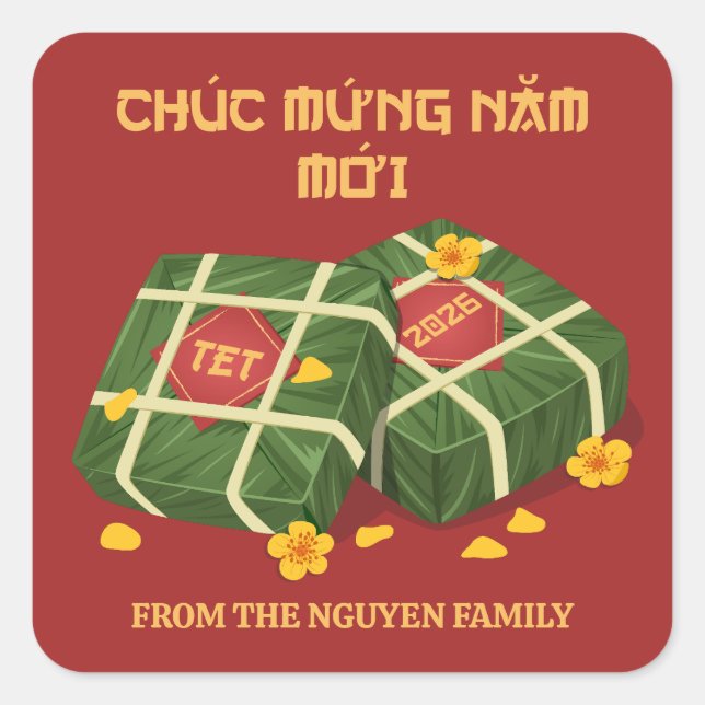 Adesivo Quadrado Red & Gold Banh Chung Vietnamese Tet 2026 (Frente)