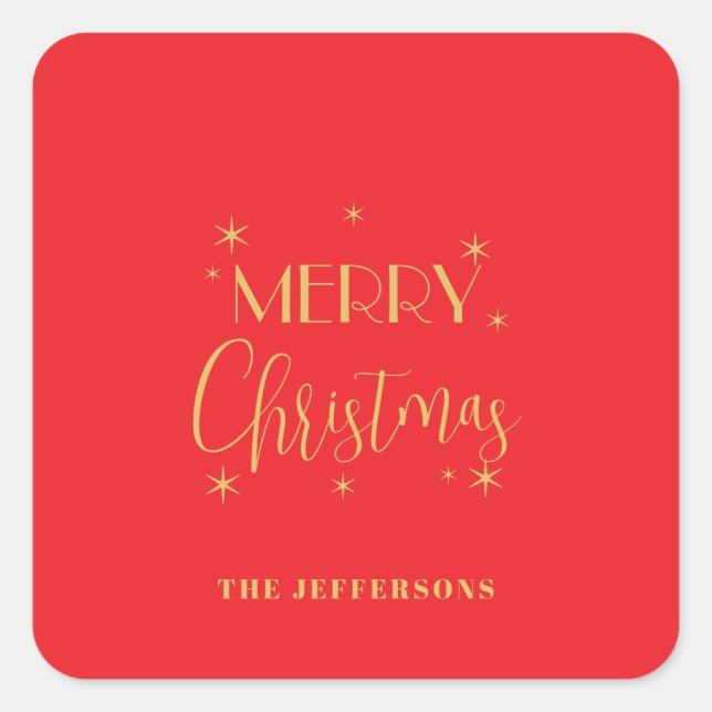 Adesivo Quadrado Red & Gold Colors Merry Christmas Family Name (Frente)