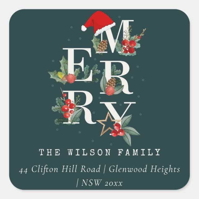 Adesivo Quadrado Red Green White - Folhagem de Natal Feliz (Frente)