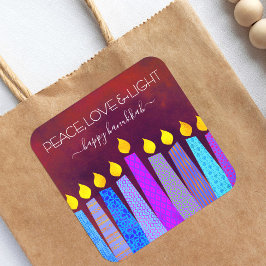 Adesivo Quadrado Red Hanukkah Peace Love Light Blue Boho Candles