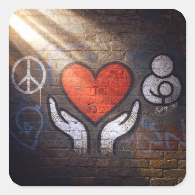 Adesivo Quadrado Red Heart with Hands Graffiti On a Brick Wall (Frente)