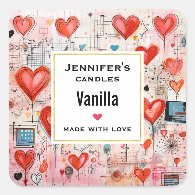 Adesivo Quadrado Red Hearts Whimsical Love Candle Business (Frente)