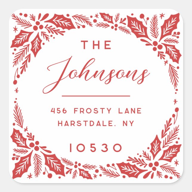 Adesivo Quadrado Red Holly Berry Holiday Endereço de devolução (Frente)