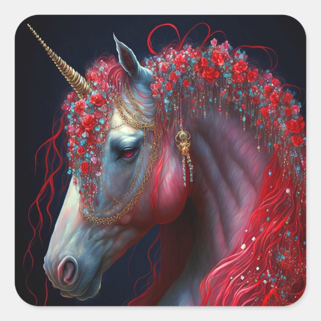 Adesivo Quadrado Red Jeweled Unicorn Fantasy Art (Frente)