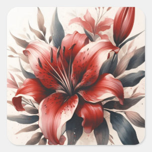 Adesivo Quadrado Red Lily Flower Aestic Vintage Watercolor