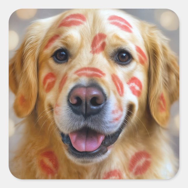 Adesivo Quadrado Red Lipstick Kisses On a Golden Retriever (Frente)