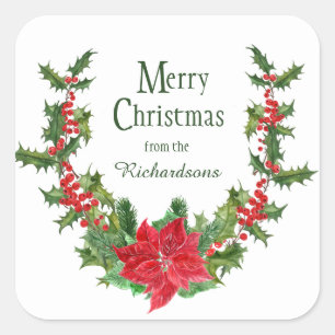 Adesivo Quadrado Red Poinsettia e Holly Berry Wreath de Natal