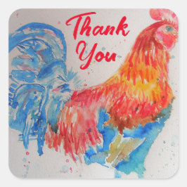 Adesivo Quadrado Red Rooster Watercolor Painting Obrigado