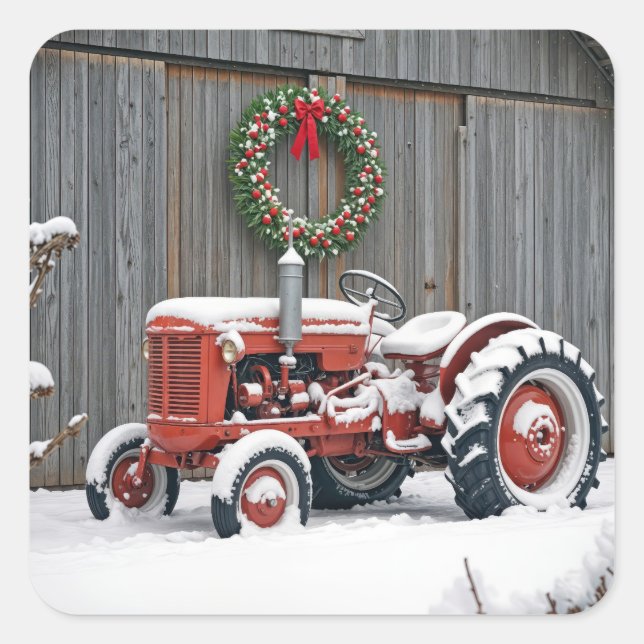 Adesivo Quadrado Red Tractor With Christmas Wreath (Frente)
