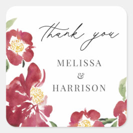 Adesivo Quadrado Red Watercolor Peony Casamento Obrigado