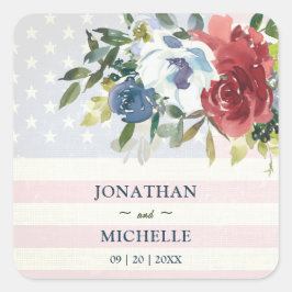 Adesivo Quadrado Red White Blue Floral EUA Flag Watercolor Weding