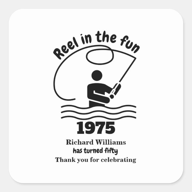 Adesivo Quadrado Reel no divertido pescador moderno 50º aniversário (Frente)