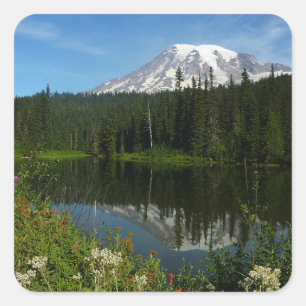 Adesivo Quadrado Reflexo do Lago Monte Rainier com Flores Silvestre