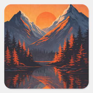 Adesivo Quadrado Reflexo do Pôr do Sol na Montanha com Céu Laranja 