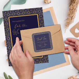 Adesivo Quadrado Regal Marinho e Dourado Casamento Design Obrigado