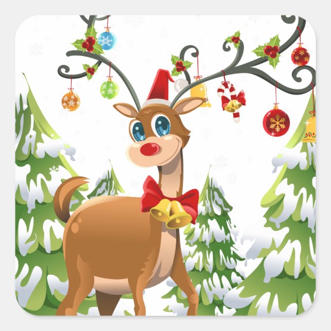 Adesivo Quadrado Reindeer Bonito na Neve (Frente)