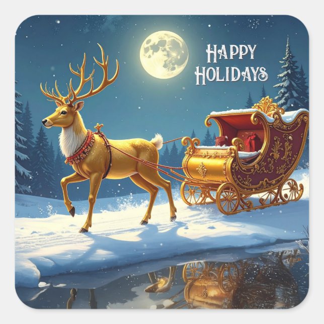 Adesivo Quadrado Reindeer Christmas Sleigh Holiday Sticker (Frente)