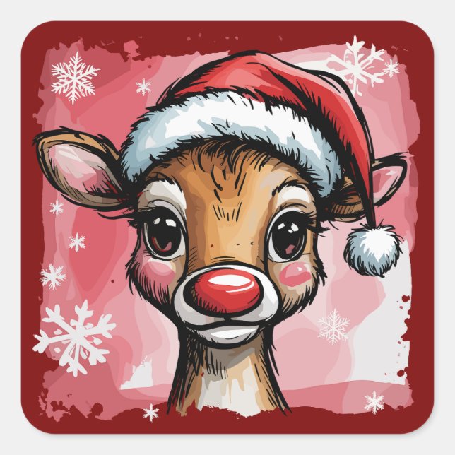 Adesivo Quadrado Reindeer de Natal Brushstrokes Preppy Xmas Girly (Frente)