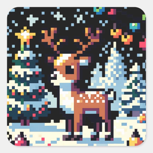 Adesivo Quadrado Reindeer de Natal Winter Wonderland Pixel Art (Frente)