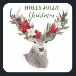Adesivo Quadrado Reindeer, Poinsettia Christmas<br><div class="desc">Este design apresenta uma ilustração da cabeça de Reindeer com poinsettias de Natal,  branchlets de pínus e pinheiros cones.</div>
