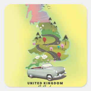 Adesivo Quadrado Reino Unido 'De Carro' Cartaz de viagem vintage.
