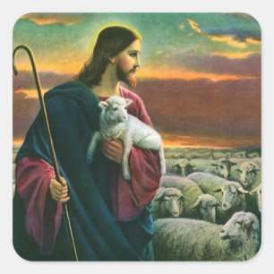 Adesivo Quadrado Religião Vintage, Cristo Bom Pastor com Flock