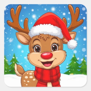 Adesivo Quadrado Rena de desenho animado com chapéu de Papai Noel