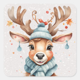 Adesivo Quadrado Rena de Natal Caprichosa em Aquarela Fofa