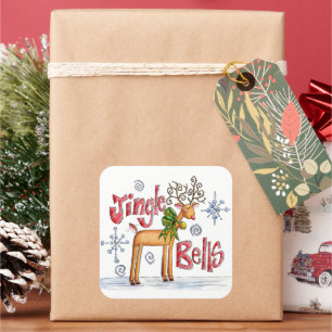 Adesivo Quadrado Renas de Natal fofas, flocos de neve de Jingle Bel