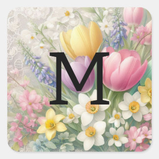 Adesivo Quadrado Renda monograma floral tulipas narcisos pastel ros