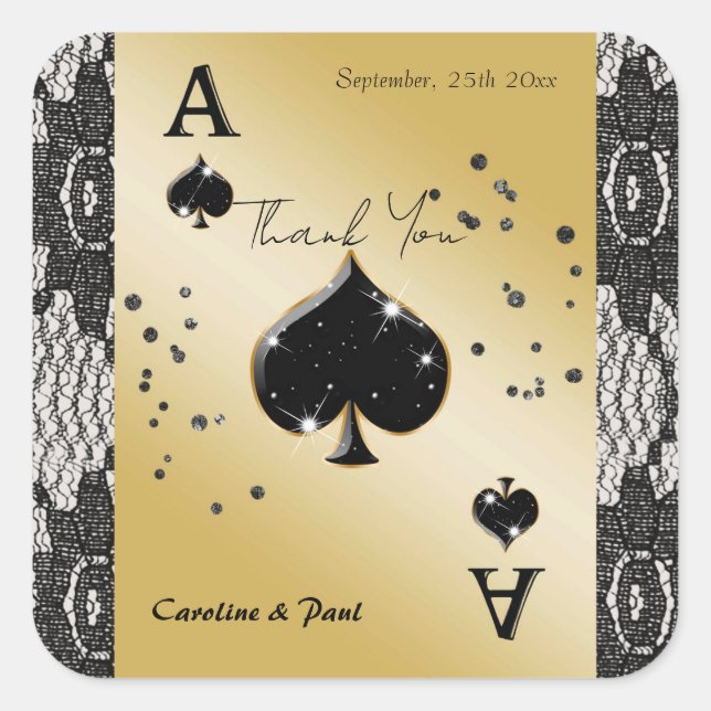 Adesivo Quadrado Renda Preta, Ás de Espadas, Agradecimento com Bril (Frente)