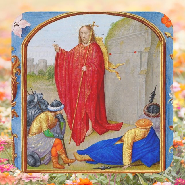 Adesivo Quadrado Ressurreição cristã medieval da Páscoa de Jesus (Religious Christian Catholic Medieval Resurrection of Jesus Christ is Risen Easter Square Sticker)