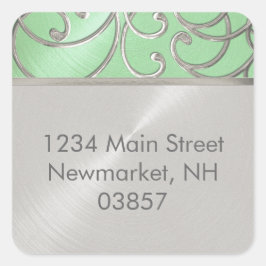 Adesivo Quadrado Retorno de Endereço Elegante Mint Green Silver Fil